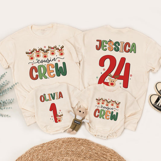 Personalized Christmas Cousin Crew Matching Reindeer Shirt with Custom Names Numbers Festive Santa Hats Whimsical Holiday Family Tee Gift
