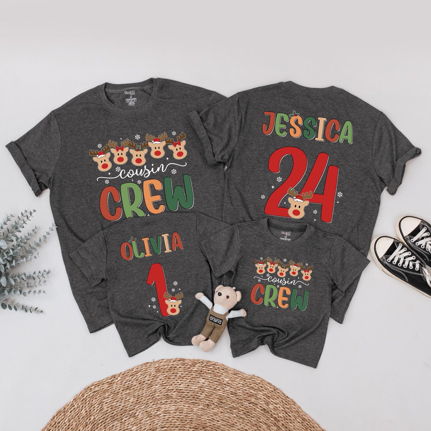 Personalized Christmas Cousin Crew Matching Reindeer Shirt with Custom Names Numbers Festive Santa Hats Whimsical Holiday Family Tee Gift