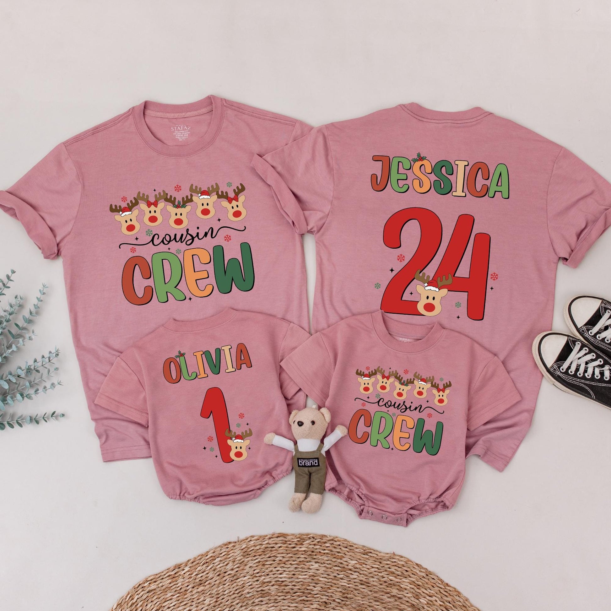Personalized Christmas Cousin Crew Matching Reindeer Shirt with Custom Names Numbers Festive Santa Hats Whimsical Holiday Family Tee Gift
