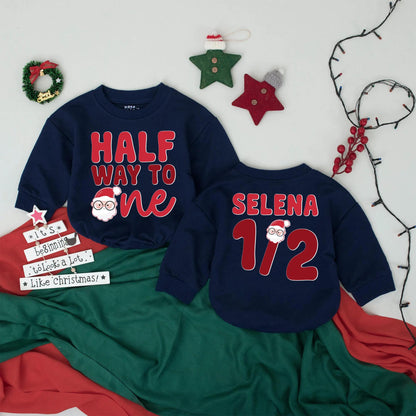 Half Way To One Santa Romper, Custom Name 1/2 Birthday Outfit, Funny Baby Christmas Bodysuit, Personalized Baby Girl Xmas Gift (138 chars)