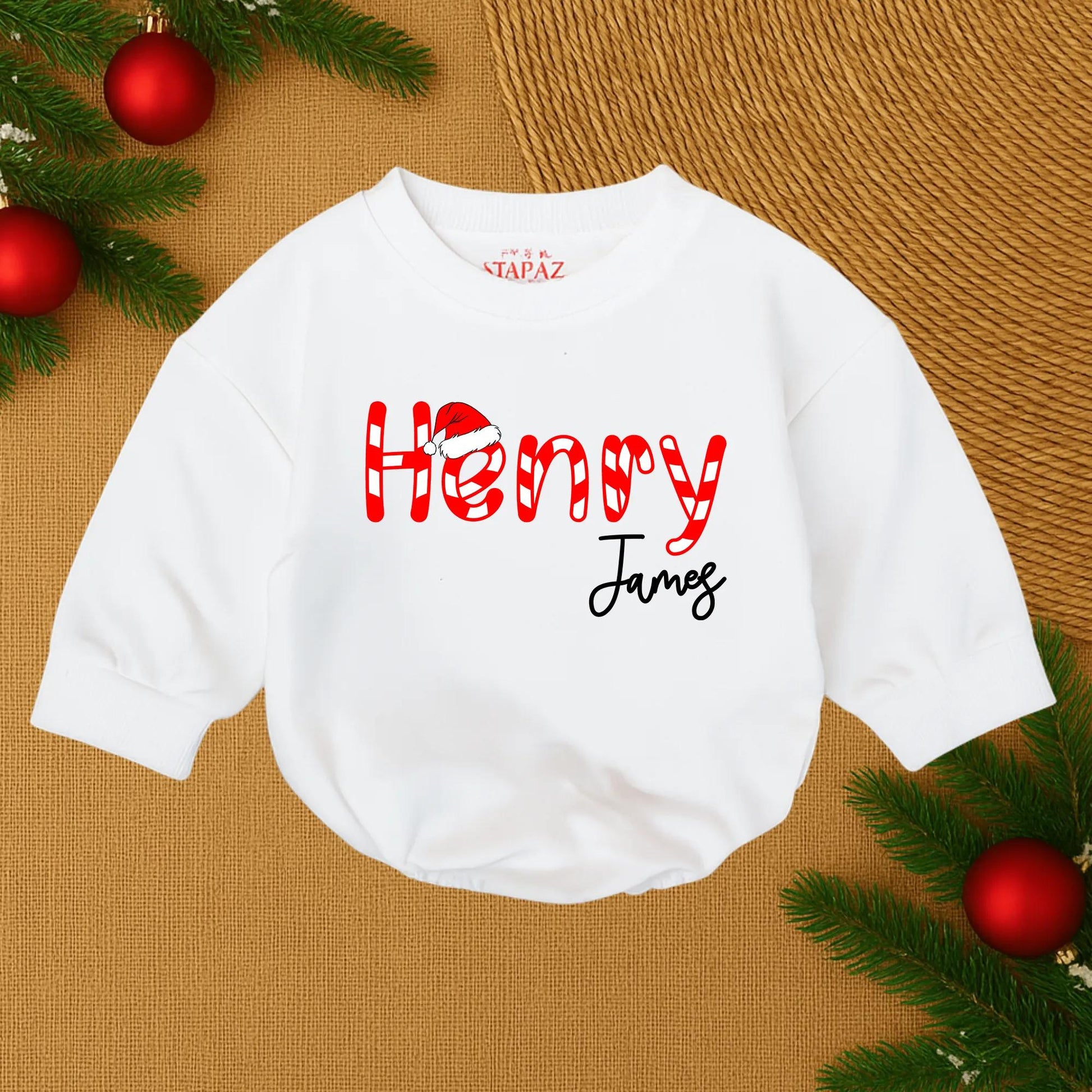Henry James Custom Christmas Baby Outfit Candy Cane Santa Hat Script Name Infant Bubble Romper Holiday Baby Boy Girl Clothes