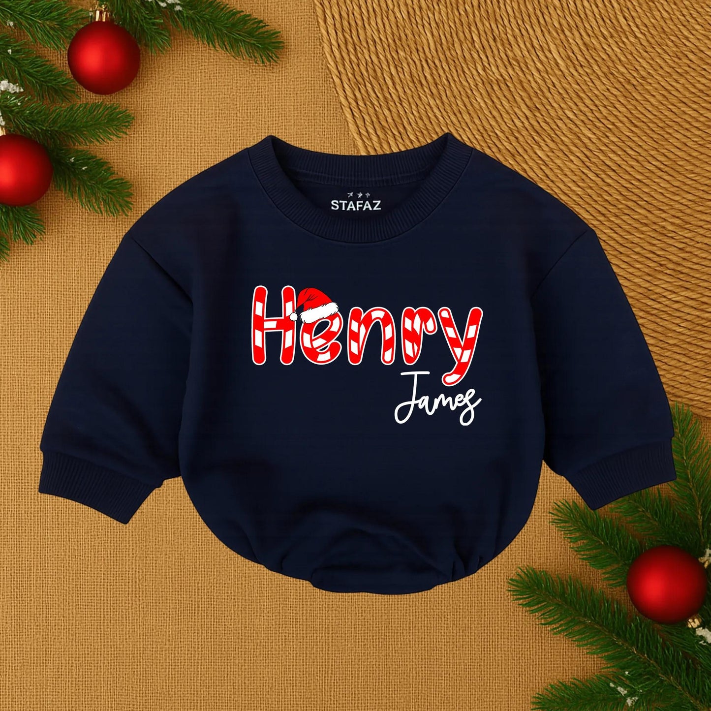 Henry James Custom Christmas Baby Outfit Candy Cane Santa Hat Script Name Infant Bubble Romper Holiday Baby Boy Girl Clothes