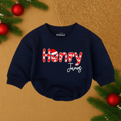 Henry James Custom Christmas Baby Outfit Candy Cane Santa Hat Script Name Infant Bubble Romper Holiday Baby Boy Girl Clothes