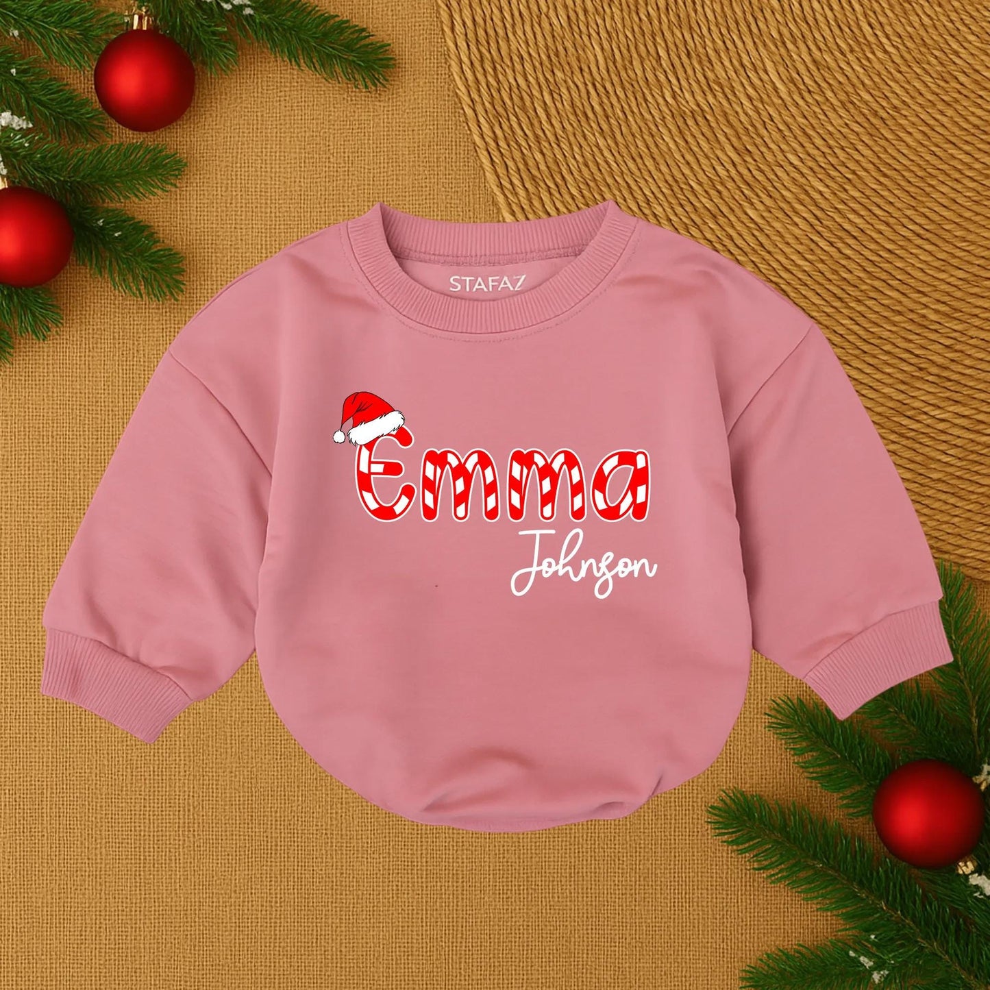 Henry James Custom Christmas Baby Outfit Candy Cane Santa Hat Script Name Infant Bubble Romper Holiday Baby Boy Girl Clothes