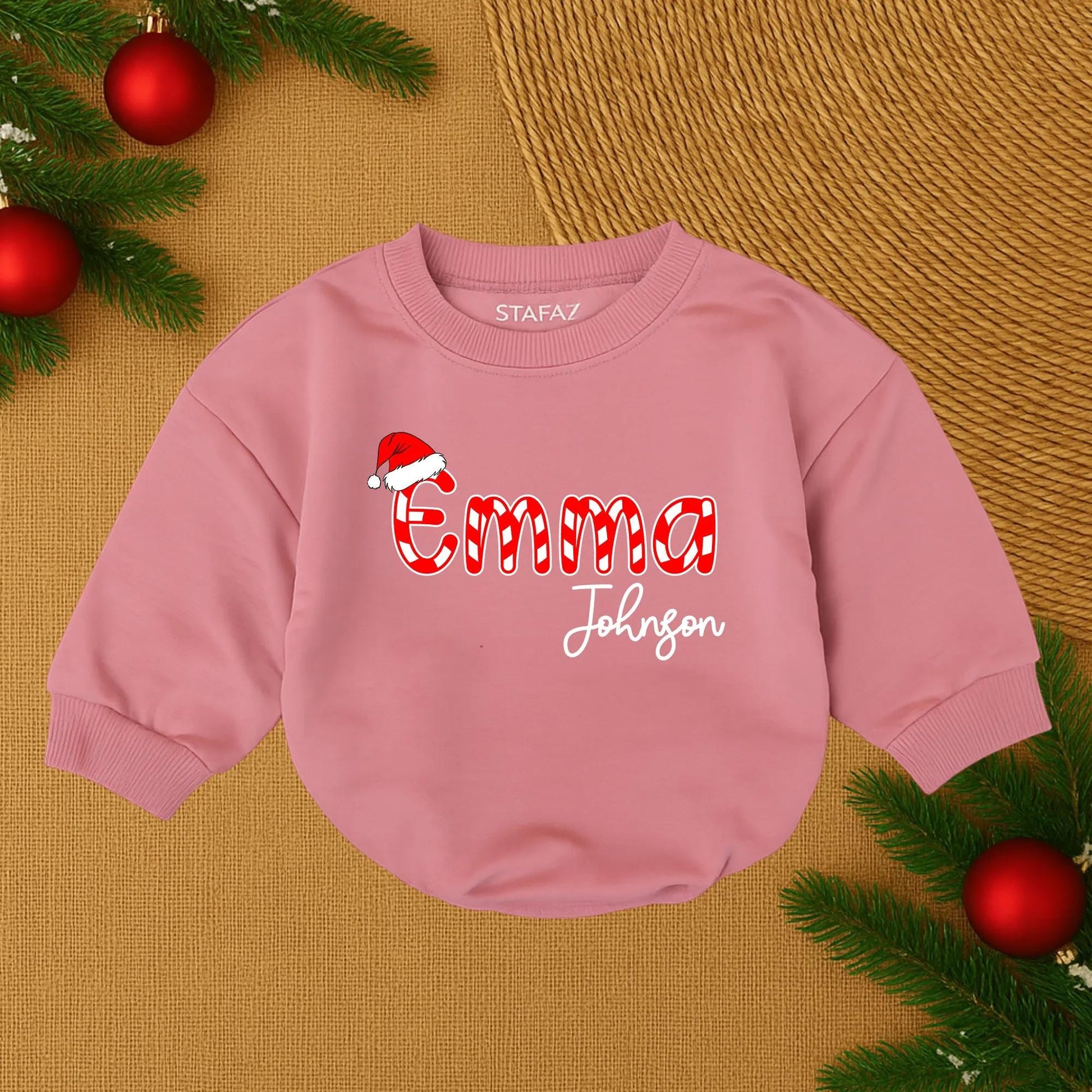 Henry James Custom Christmas Baby Outfit Candy Cane Santa Hat Script Name Infant Bubble Romper Holiday Baby Boy Girl Clothes