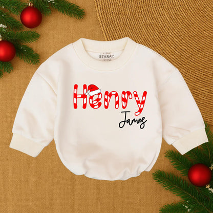 Henry James Custom Christmas Baby Outfit Candy Cane Santa Hat Script Name Infant Bubble Romper Holiday Baby Boy Girl Clothes