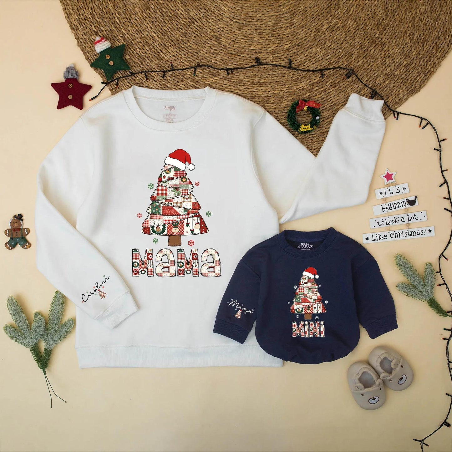 Christmas Tree Patchwork Mama and Mini Sweatshirt Matching Set Holiday Outfit Mommy and Me Gift for New Mom Vintage Preppy Christmas Season Cute