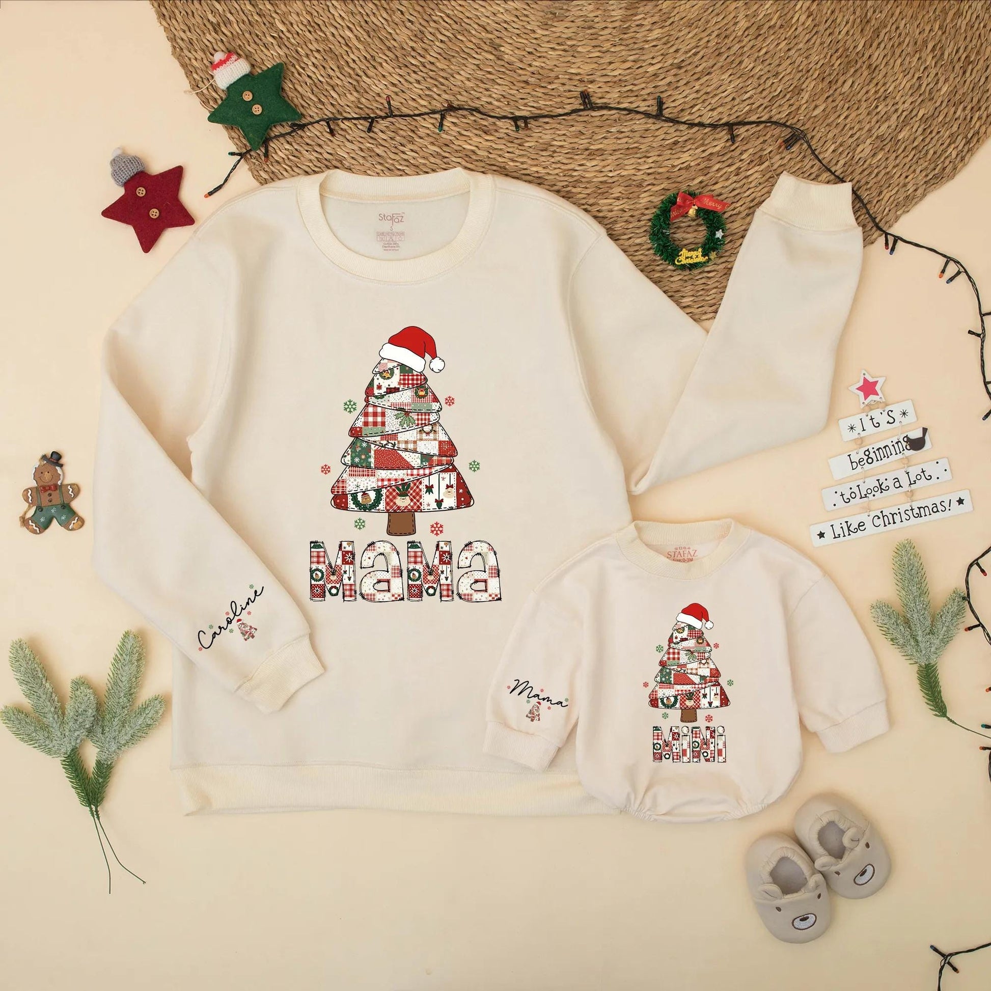 Christmas Tree Patchwork Mama and Mini Sweatshirt Matching Set Holiday Outfit Mommy and Me Gift for New Mom Vintage Preppy Christmas Season Cute