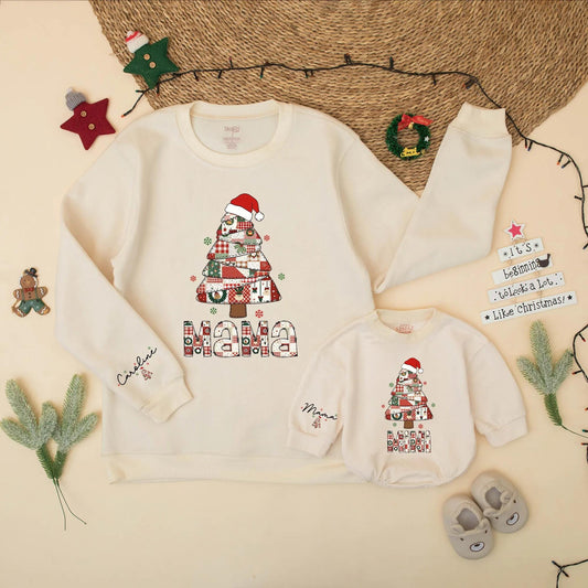 Christmas Tree Patchwork Mama and Mini Sweatshirt Matching Set Holiday Outfit Mommy and Me Gift for New Mom Vintage Preppy Christmas Season Cute