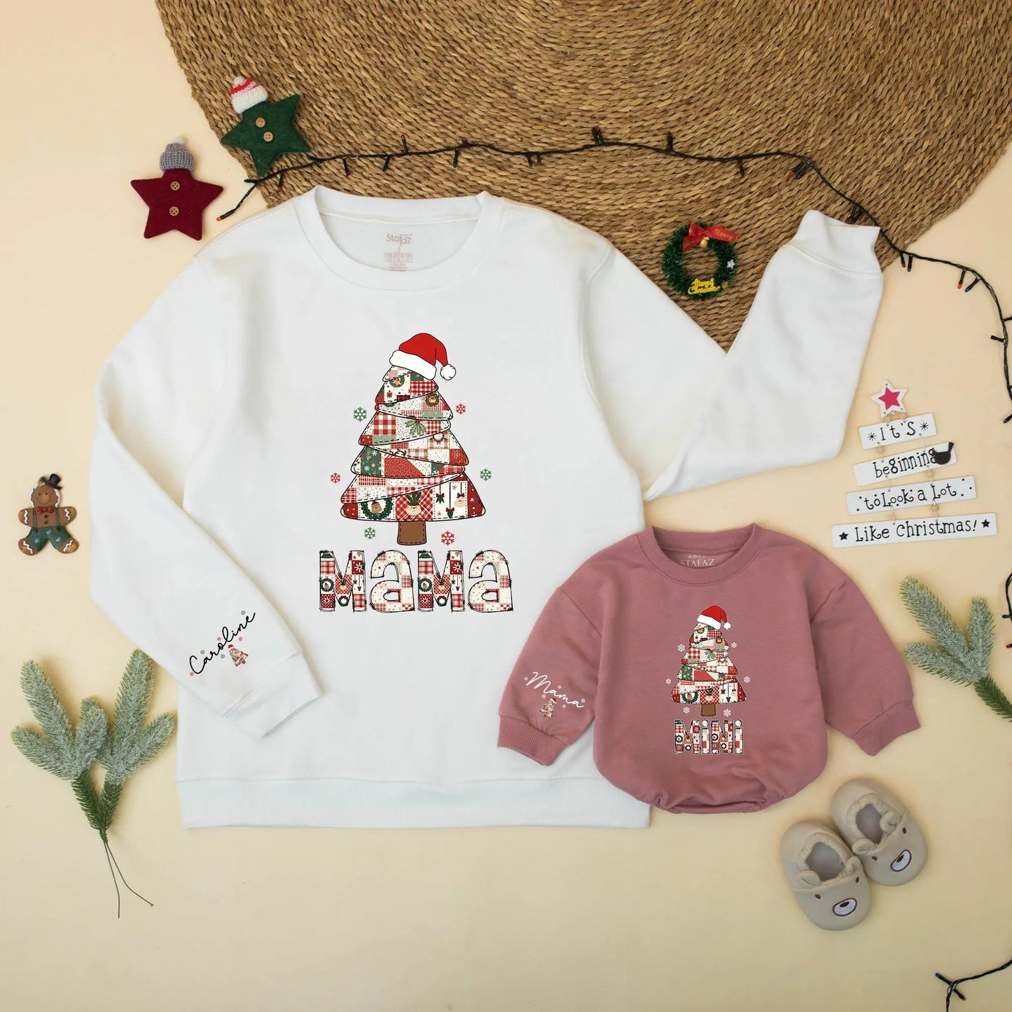 Christmas Tree Patchwork Mama and Mini Sweatshirt Matching Set Holiday Outfit Mommy and Me Gift for New Mom Vintage Preppy Christmas Season Cute