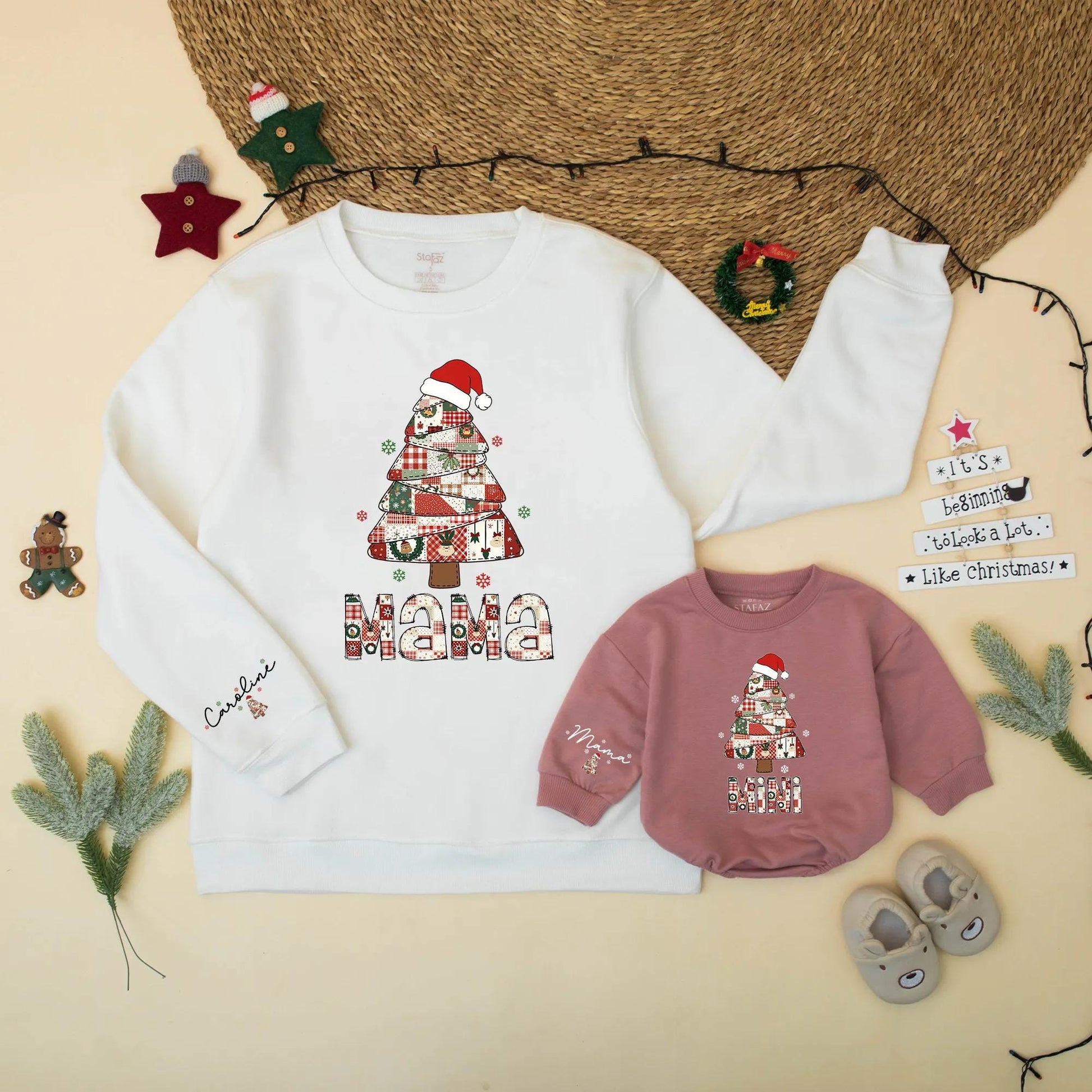 Christmas Tree Patchwork Mama and Mini Sweatshirt Matching Set Holiday Outfit Mommy and Me Gift for New Mom Vintage Preppy Christmas Season Cute
