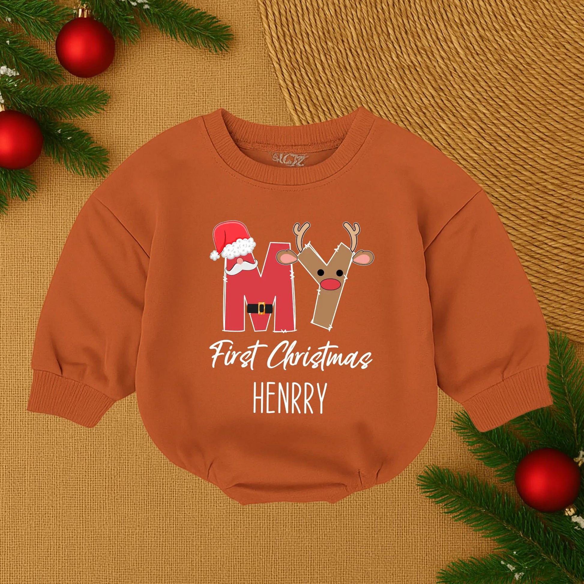 My First Christmas Baby Romper Personalized Santa Reindeer Design Newborn Christmas Outfit Red Brown Gold Festive Playful