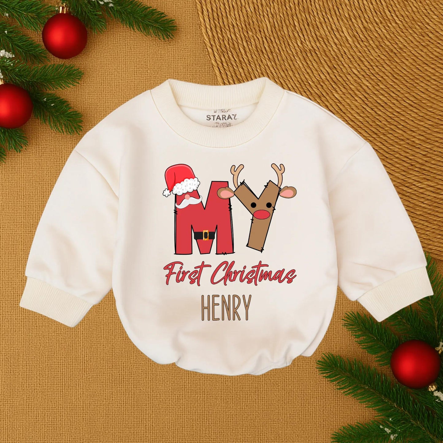 My First Christmas Baby Romper Personalized Santa Reindeer Design Newborn Christmas Outfit Red Brown Gold Festive Playful