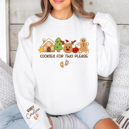 Cookies for Two Please Pregnancy Announcement Christmas Sweatshirt with Custom Baby Coraline Name Whimsical Cookie Design Mom to Be Holiday Gift
