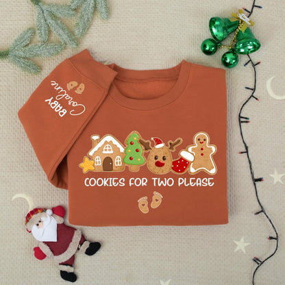 Cookies for Two Please Pregnancy Announcement Christmas Sweatshirt with Custom Baby Coraline Name Whimsical Cookie Design Mom to Be Holiday Gift