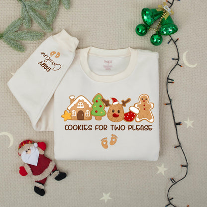 Cookies for Two Please Pregnancy Announcement Christmas Sweatshirt with Custom Baby Coraline Name Whimsical Cookie Design Mom to Be Holiday Gift