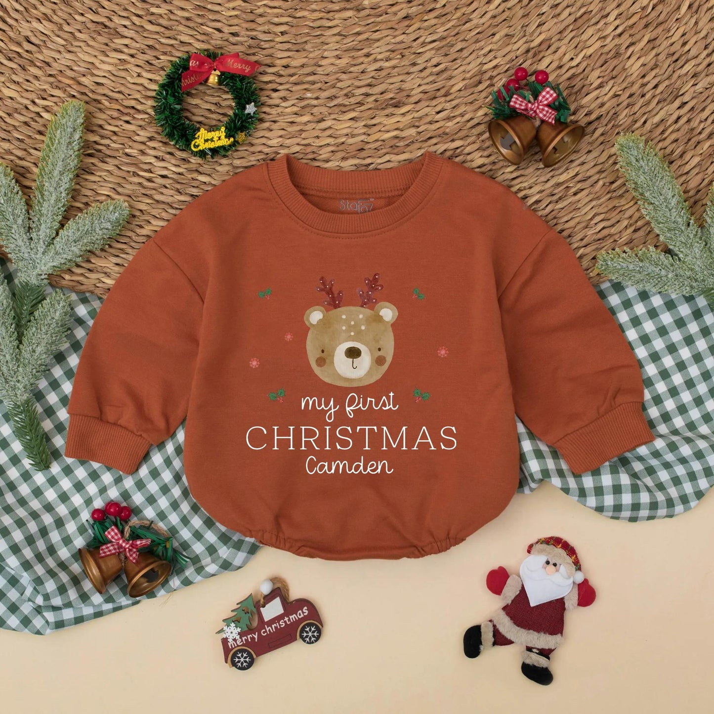 Custom Cute Bear First Christmas Romper Baby Boy Girl Toddler Newborn Holiday Coming Home Outfit Festive Red Green Holly Snowflakes Personalised Gift
