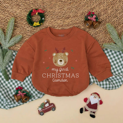 Custom Cute Bear First Christmas Romper Baby Boy Girl Toddler Newborn Holiday Coming Home Outfit Festive Red Green Holly Snowflakes Personalised Gift