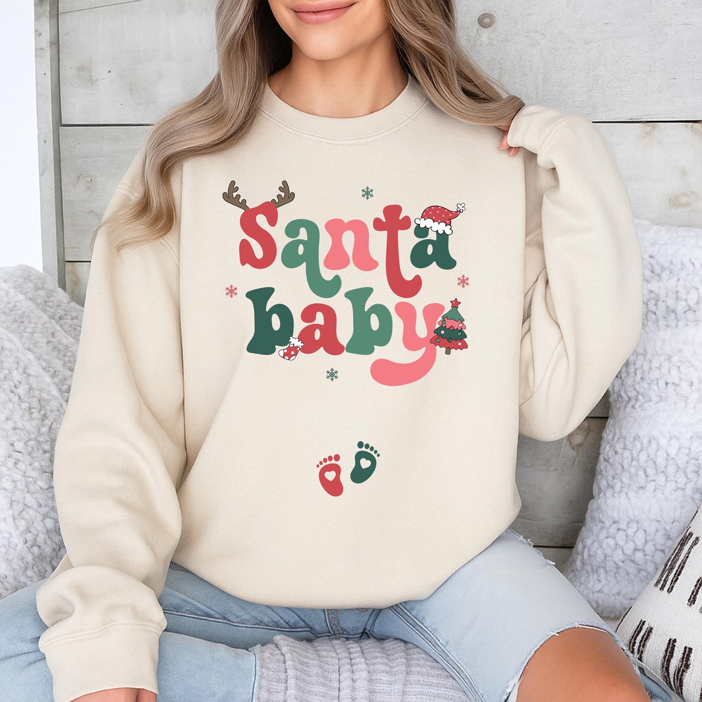 Santa Baby Maternity Christmas Sweater Retro Pregnancy Announcement Sweatshirt Expecting Mom Holiday Outfit Vintage Xmas Baby Reveal Shirt, Comfy 138