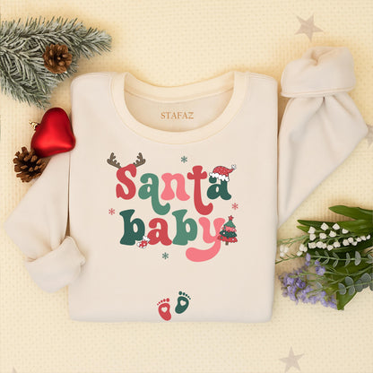 Santa Baby Maternity Christmas Sweater Retro Pregnancy Announcement Sweatshirt Expecting Mom Holiday Outfit Vintage Xmas Baby Reveal Shirt, Comfy 138