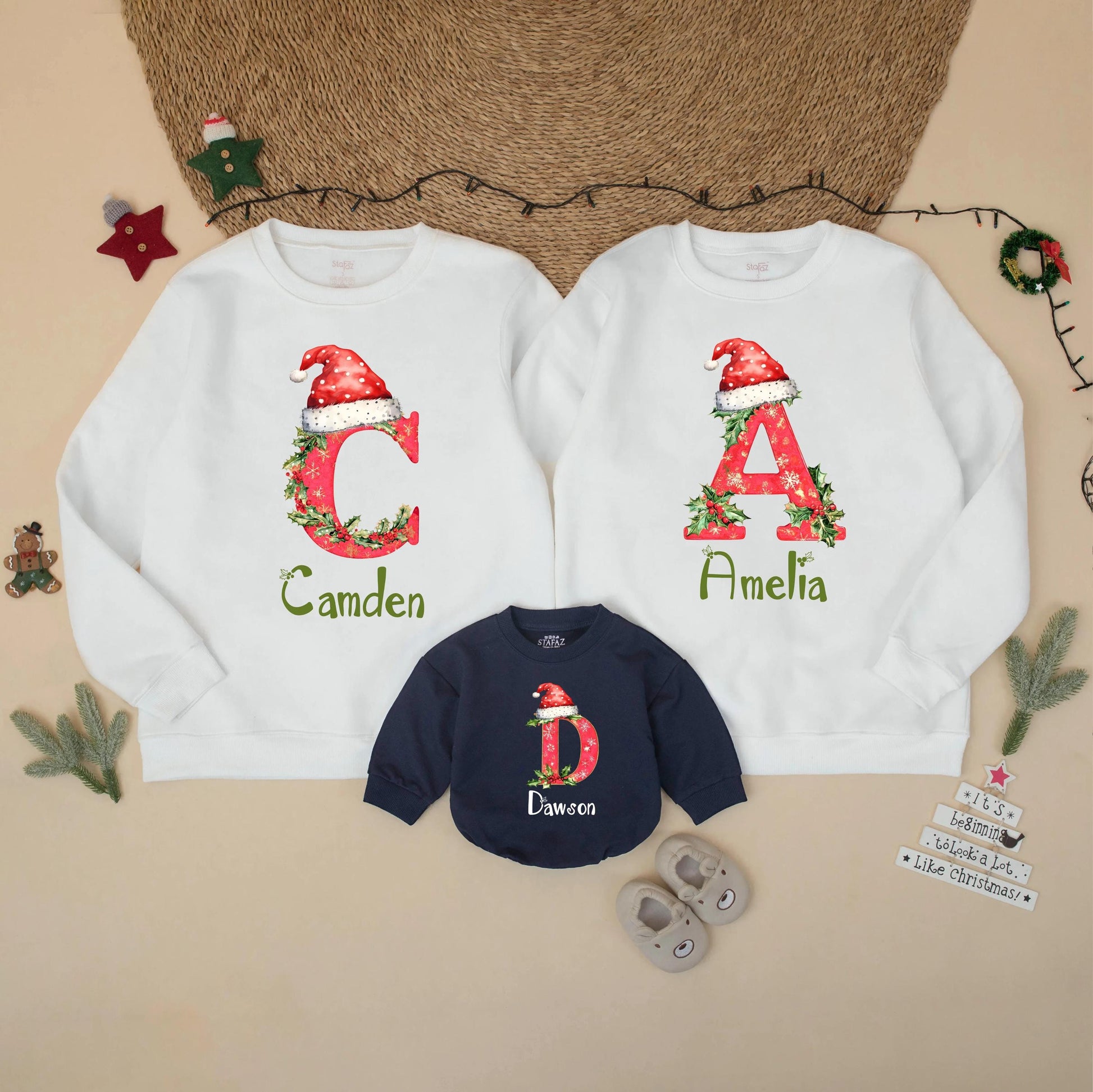 Personalized Matching Family Christmas Sweatshirt with Custom Letter Names Holiday Shirt for Mom Dad Kids Brother Sister Festive Gift
