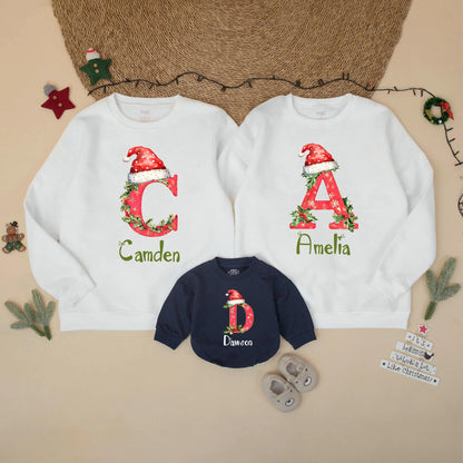 Personalized Matching Family Christmas Sweatshirt with Custom Letter Names Holiday Shirt for Mom Dad Kids Brother Sister Festive Gift