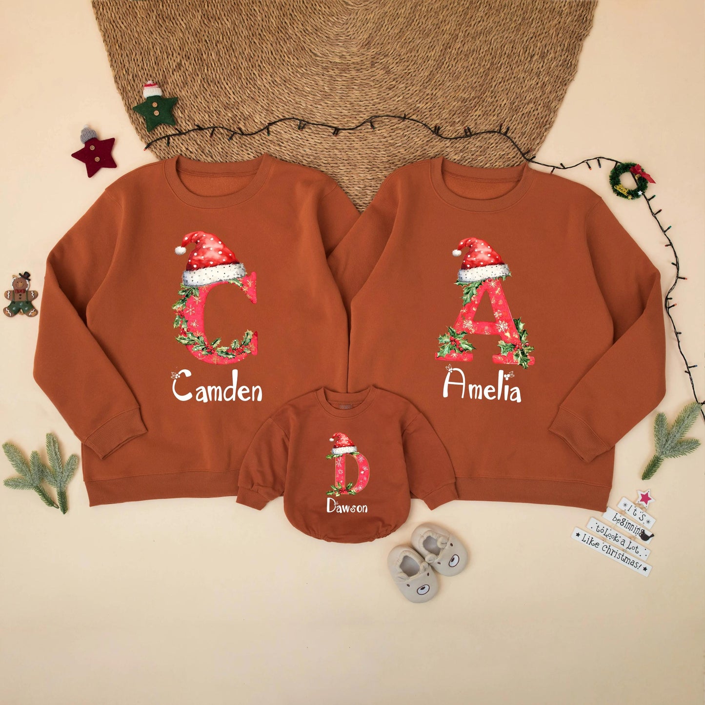 Personalized Matching Family Christmas Sweatshirt with Custom Letter Names Holiday Shirt for Mom Dad Kids Brother Sister Festive Gift