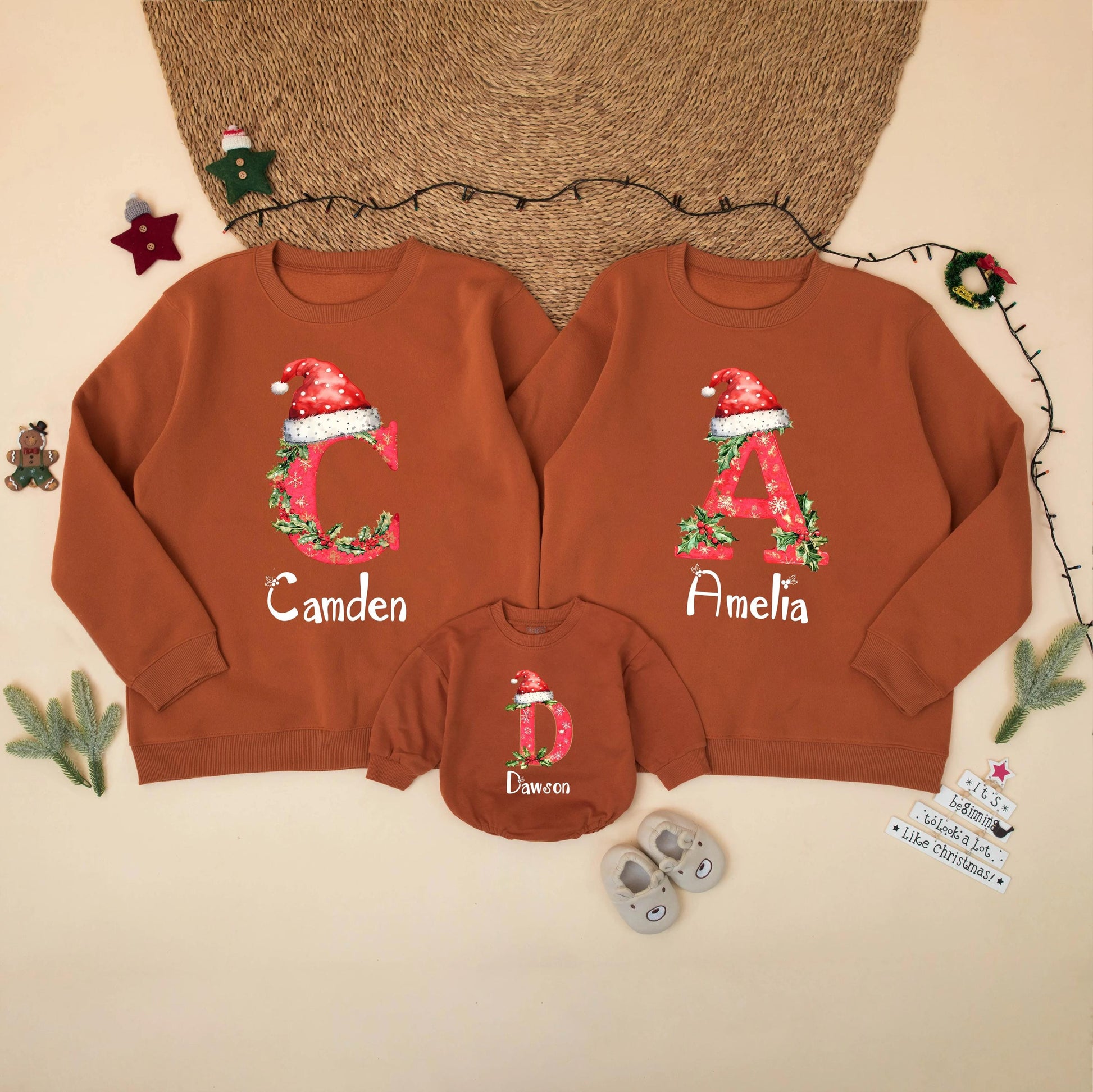 Personalized Matching Family Christmas Sweatshirt with Custom Letter Names Holiday Shirt for Mom Dad Kids Brother Sister Festive Gift