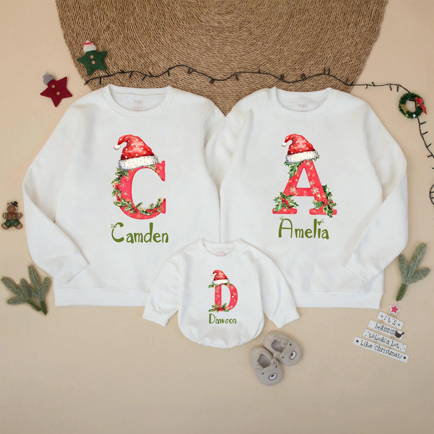 Personalized Matching Family Christmas Sweatshirt with Custom Letter Names Holiday Shirt for Mom Dad Kids Brother Sister Festive Gift