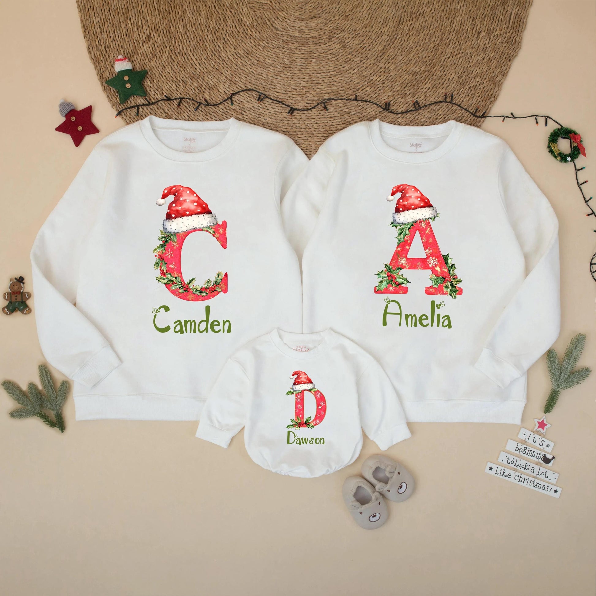 Personalized Matching Family Christmas Sweatshirt with Custom Letter Names Holiday Shirt for Mom Dad Kids Brother Sister Festive Gift