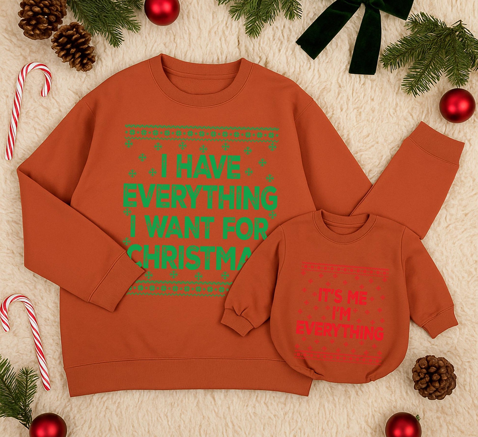 Mom and Baby Matching Christmas "I Have Everything I Want" Sweatshirt & "It's Me I'm Everything" Romper Set Cozy Knit Design
