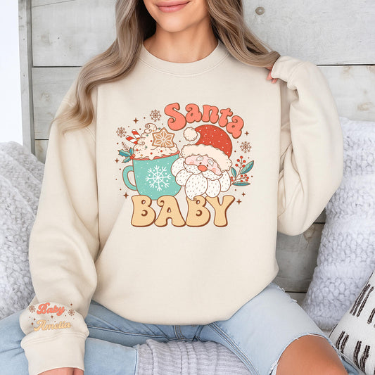 Personalized Retro Santa Baby Sweatshirt, Custom Name Holiday Crewneck, Cute Xmas Gift for Mom, Vintage Christmas Santa Claus Tee for Women's Outfit