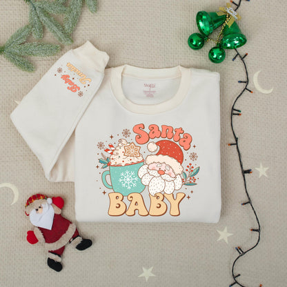 Personalized Retro Santa Baby Sweatshirt, Custom Name Holiday Crewneck, Cute Xmas Gift for Mom, Vintage Christmas Santa Claus Tee for Women's Outfit