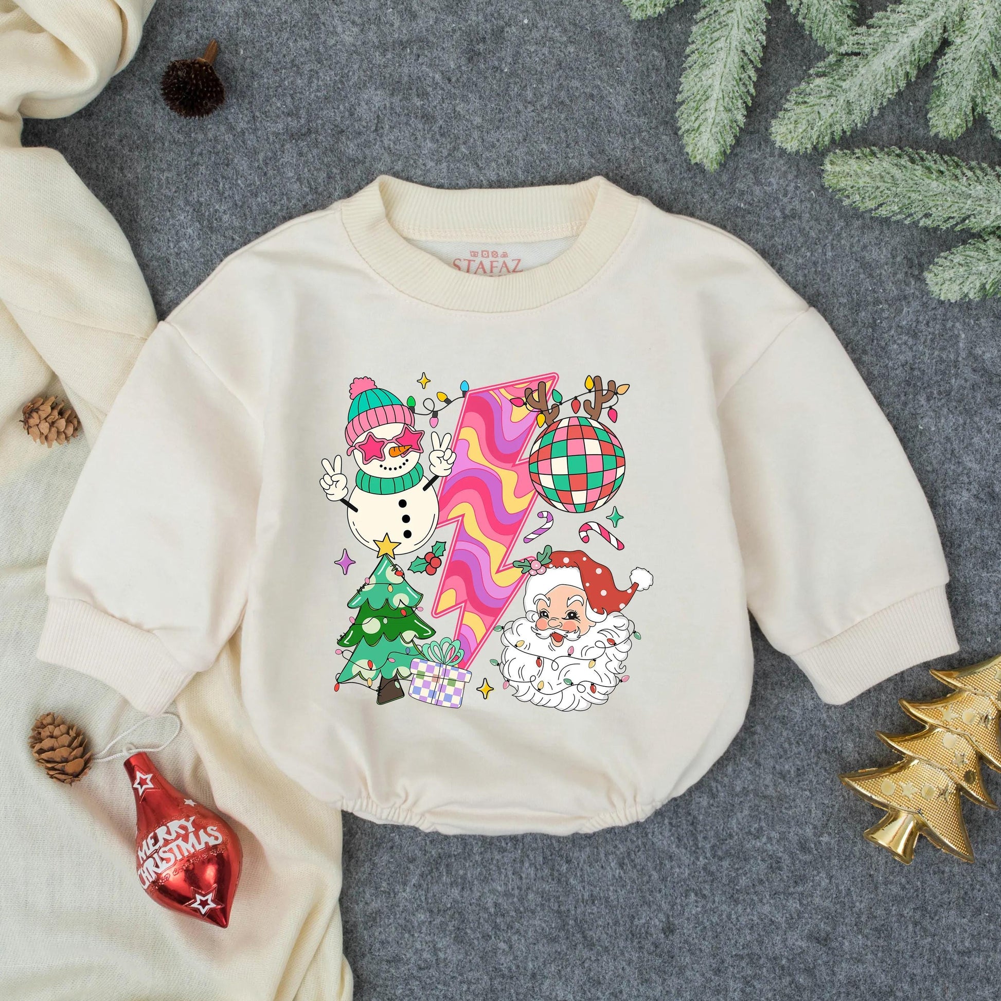 Retro Groovy Christmas Baby Romper 80s Vibe Vintage Holiday Outfit First Christmas Gift Idea Toddler Clothes Bubble Romper Soft and Comfy 137