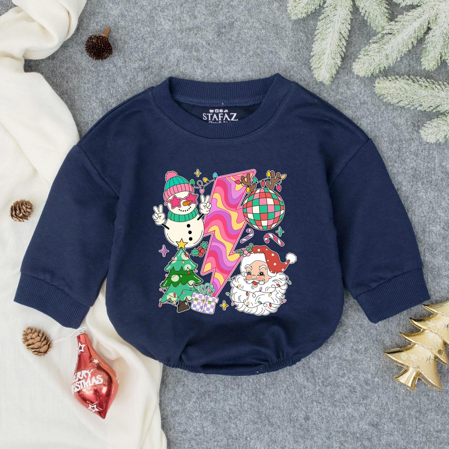 Retro Groovy Christmas Baby Romper 80s Vibe Vintage Holiday Outfit First Christmas Gift Idea Toddler Clothes Bubble Romper Soft and Comfy 137