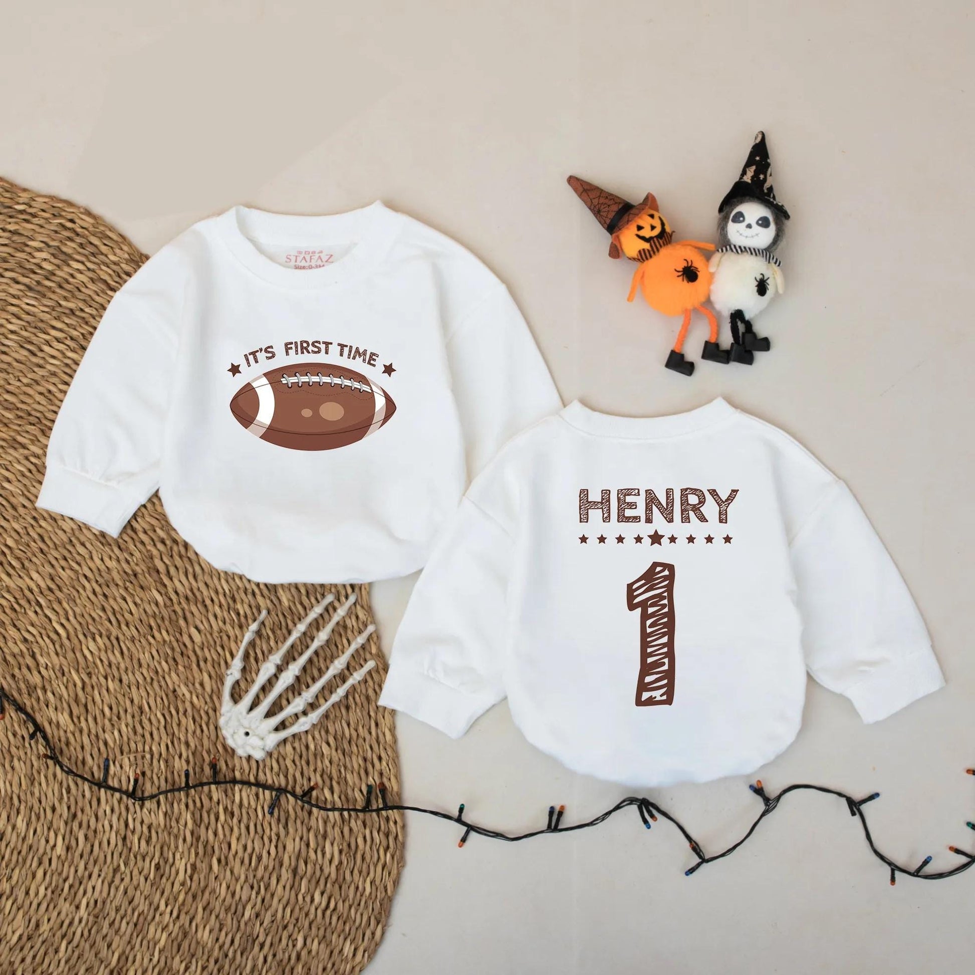 Football First Birthday Romper Set, Touchdown Outfit for Baby Boy, One Year Old Celebration, Gridiron Birthday Party Shirt, Adorable Photo Prop 139