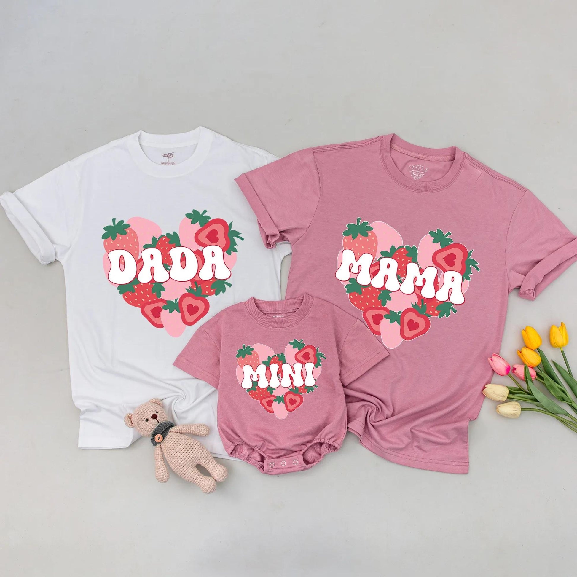 Matching Strawberry Heart 1st Birthday Shirts: Mama Dada Mini Outfits, Berry Cute Family Tee Sets, Baby Girl Boy