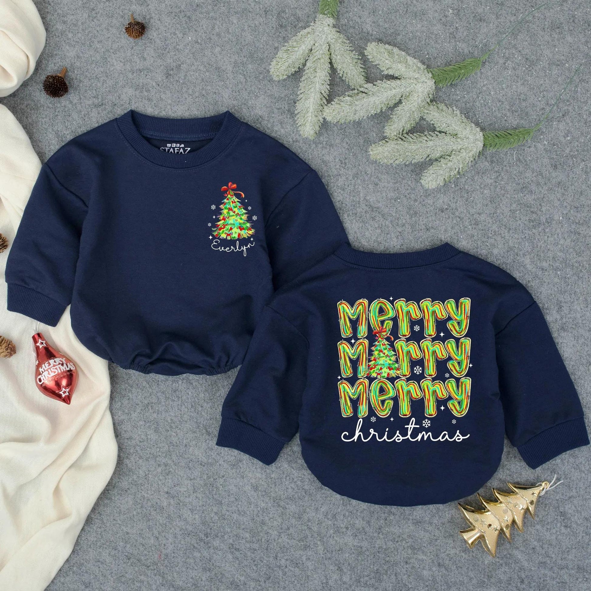 Everlyn's First Christmas Bow Romper Baby Girl Outfit Personalized Holiday Bodysuit Toddler Winter Gift Merry Christmas Balloons Snowflakes