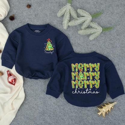 Everlyn's First Christmas Bow Romper Baby Girl Outfit Personalized Holiday Bodysuit Toddler Winter Gift Merry Christmas Balloons Snowflakes