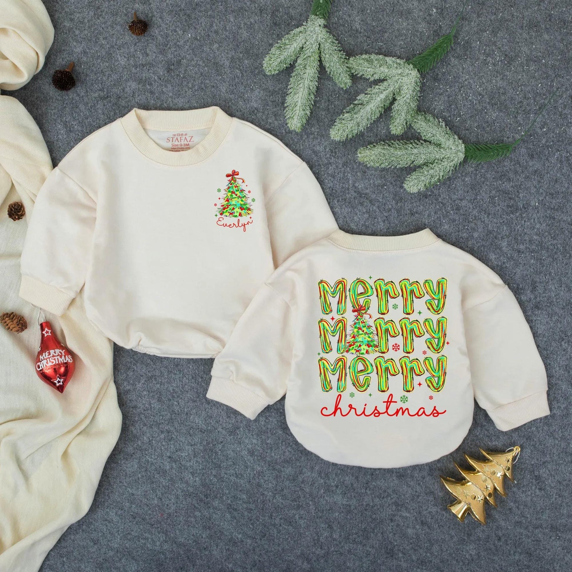 Everlyn's First Christmas Bow Romper Baby Girl Outfit Personalized Holiday Bodysuit Toddler Winter Gift Merry Christmas Balloons Snowflakes