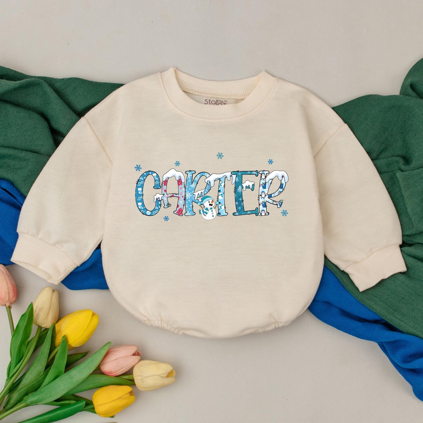 Personalized Baby First Christmas Romper Playful Snowman Design Blue Red White Snowflakes Penguin Newborn Winter Holiday Outfit