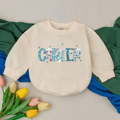 Personalized Baby First Christmas Romper Playful Snowman Design Blue Red White Snowflakes Penguin Newborn Winter Holiday Outfit