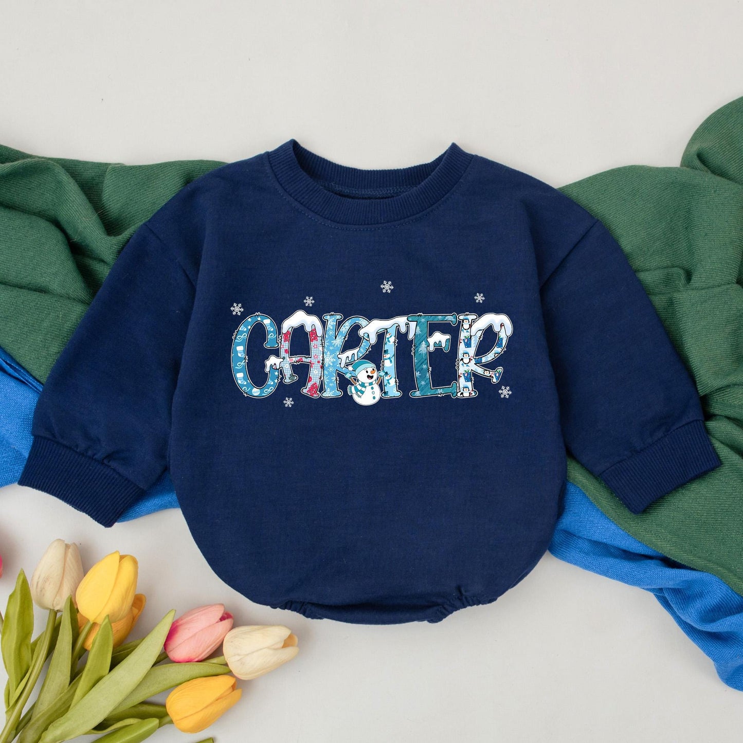 Personalized Baby First Christmas Romper Playful Snowman Design Blue Red White Snowflakes Penguin Newborn Winter Holiday Outfit