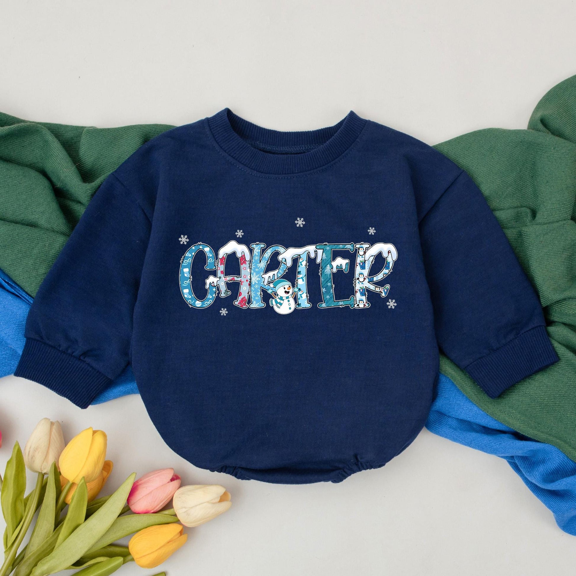 Personalized Baby First Christmas Romper Playful Snowman Design Blue Red White Snowflakes Penguin Newborn Winter Holiday Outfit