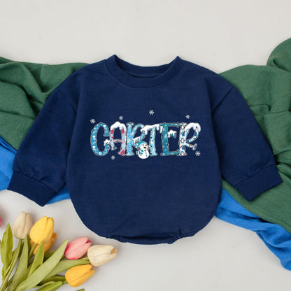 Personalized Baby First Christmas Romper Playful Snowman Design Blue Red White Snowflakes Penguin Newborn Winter Holiday Outfit