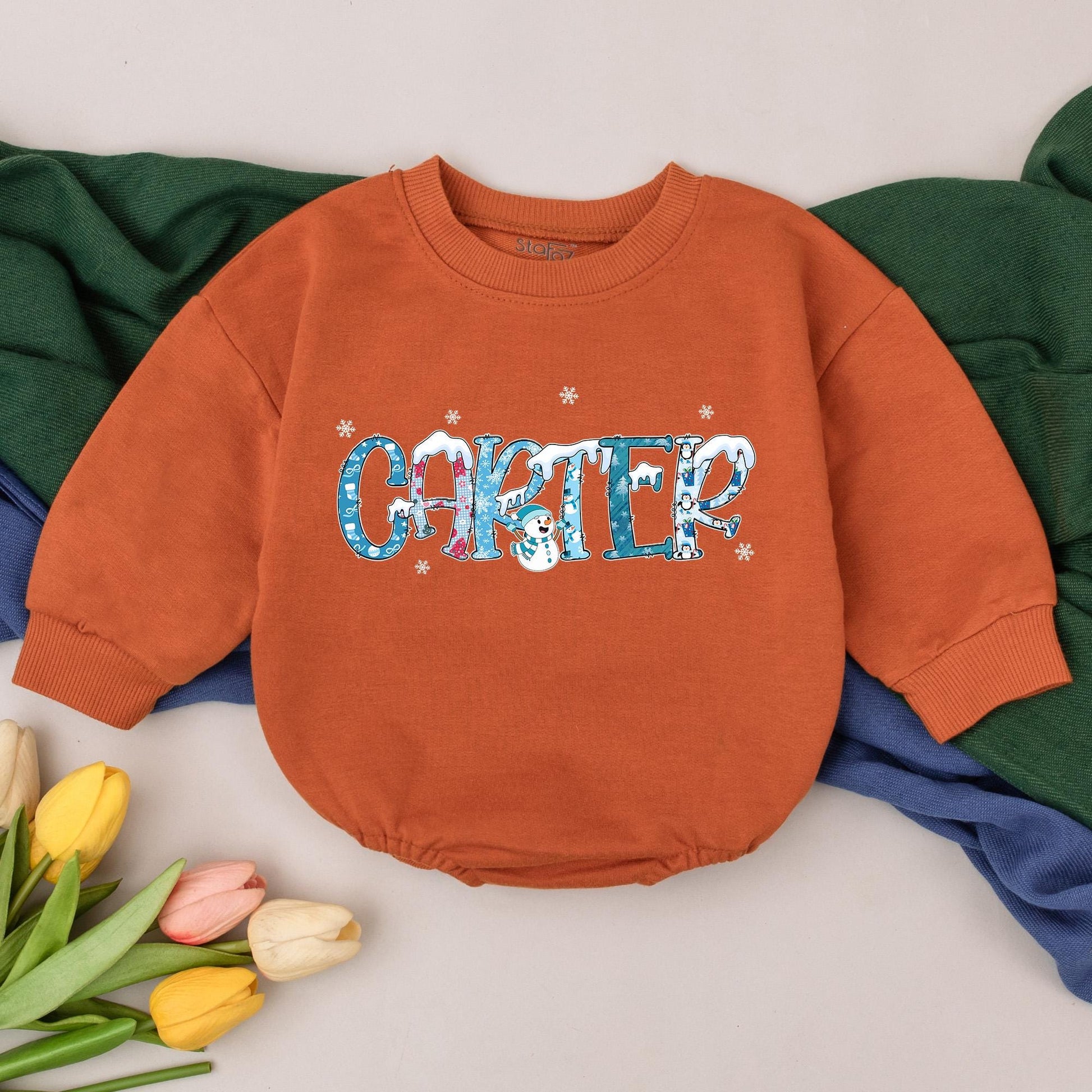 Personalized Baby First Christmas Romper Playful Snowman Design Blue Red White Snowflakes Penguin Newborn Winter Holiday Outfit