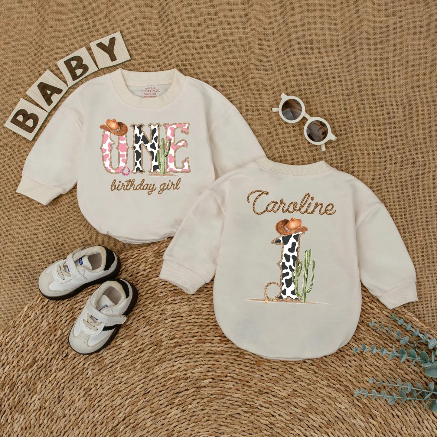 Cowgirl One Birthday Girl Romper, My First Rodeo Outfit, Western 1st Birthday Bodysuit with Cow Print ONE, Cowboy Hat, Cactus, Horseshoe Gift