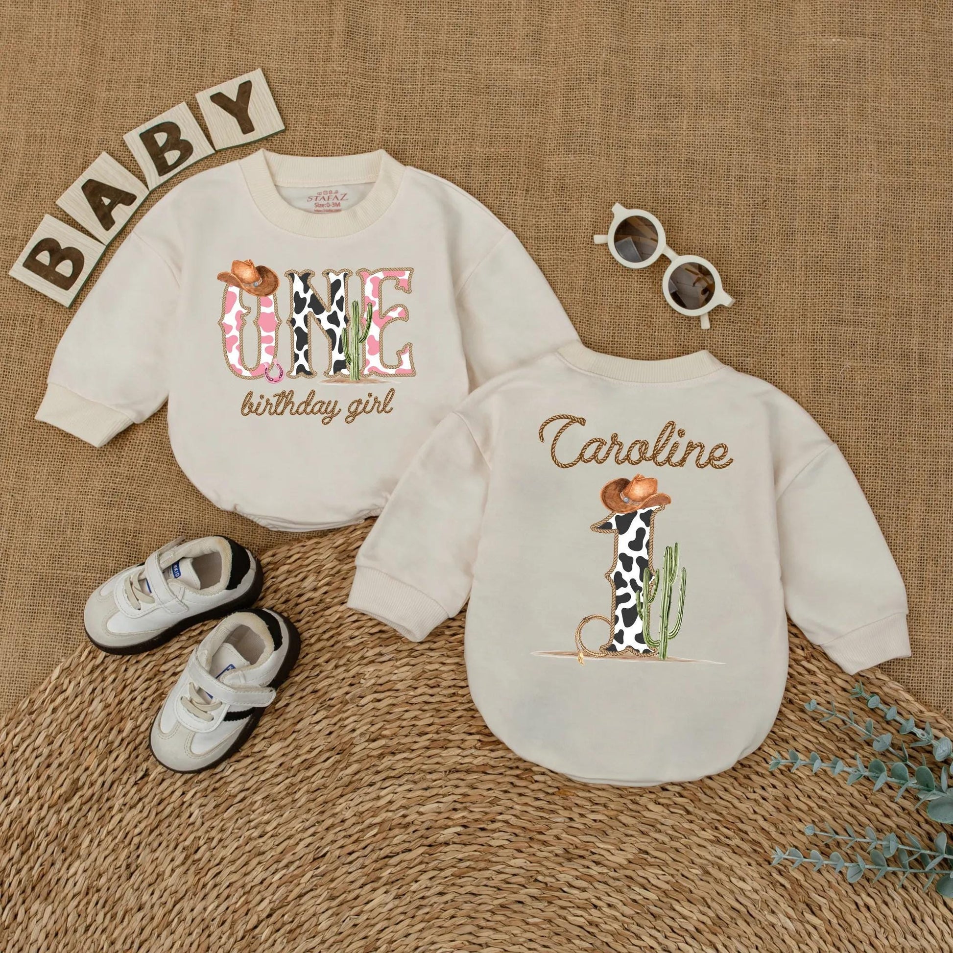Cowgirl One Birthday Girl Romper, My First Rodeo Outfit, Western 1st Birthday Bodysuit with Cow Print ONE, Cowboy Hat, Cactus, Horseshoe Gift