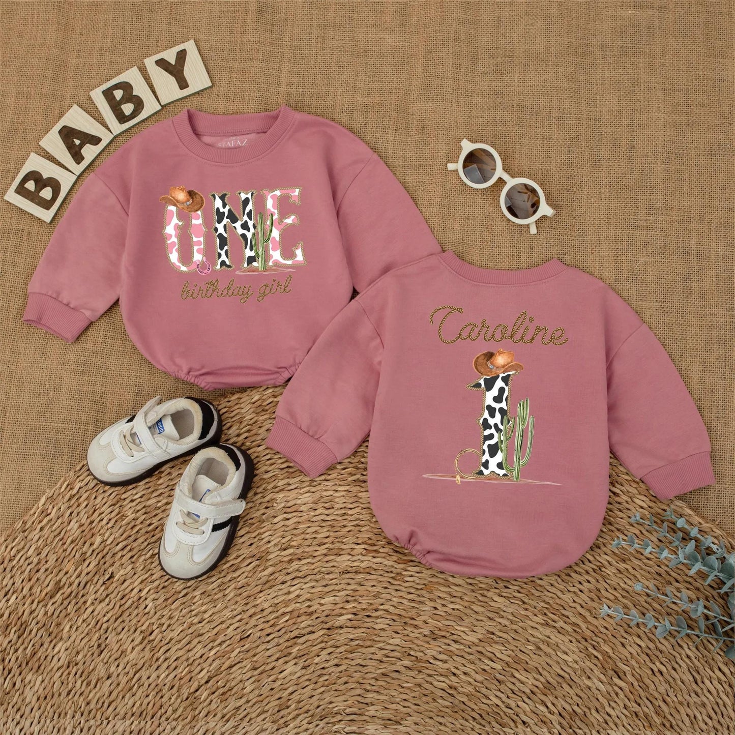 Cowgirl One Birthday Girl Romper, My First Rodeo Outfit, Western 1st Birthday Bodysuit with Cow Print ONE, Cowboy Hat, Cactus, Horseshoe Gift