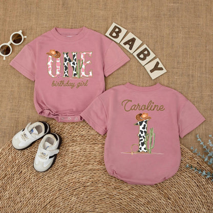 Cowgirl One Birthday Girl Romper, My First Rodeo Outfit, Western 1st Birthday Bodysuit with Cow Print ONE, Cowboy Hat, Cactus, Horseshoe Gift
